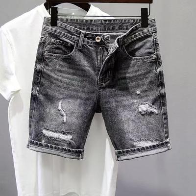 Herrshorts sommar denim Koreansk stil Smal passform Raka ben Delad nederkant Vintage-tvättade slitna rivna jeans