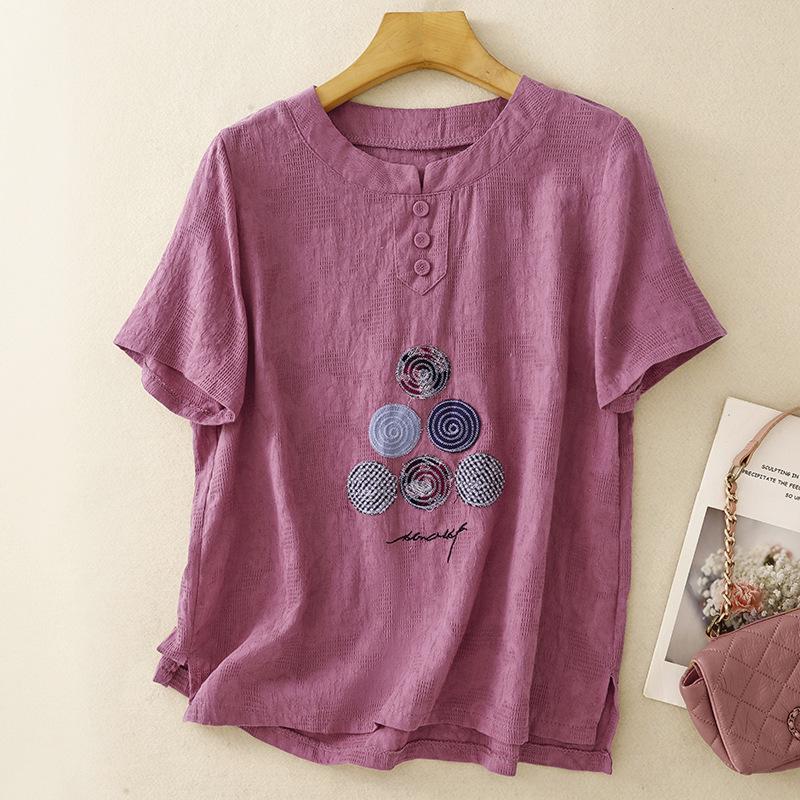 2026 Summer Embroidered Cotton Linen Jacquard Short-sleeved T-shirt for Middle-aged Women M фиолетовый