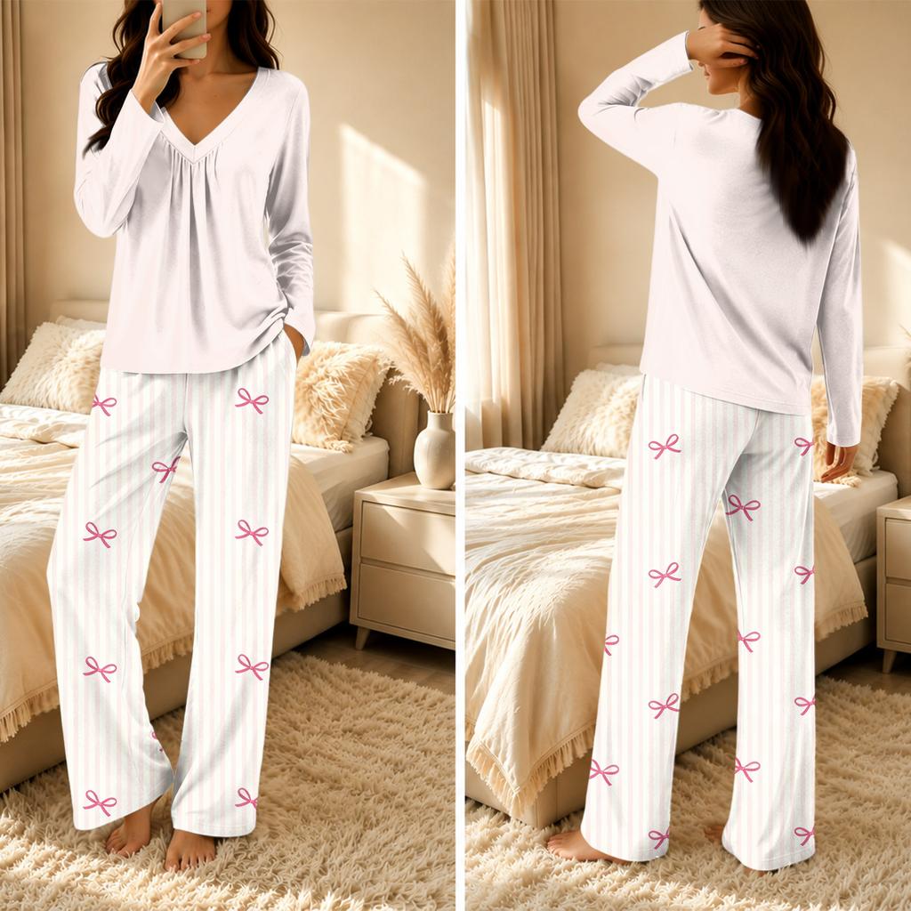 Women's V-Neck Loose Fit Printed Pajama Set Two Piece Sleepwear for Casual