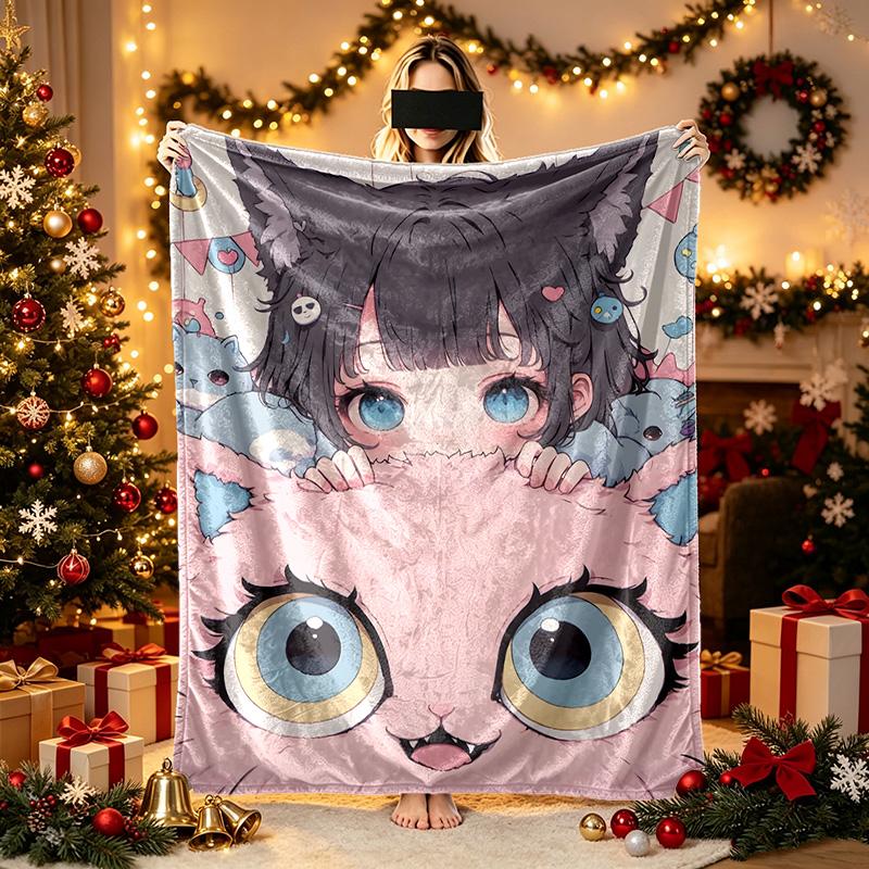 1pc Big Eye Anime Girl Blanket, Cozy Printed Throw Blanket, A Heartfelt Gift for Your Family and Friends