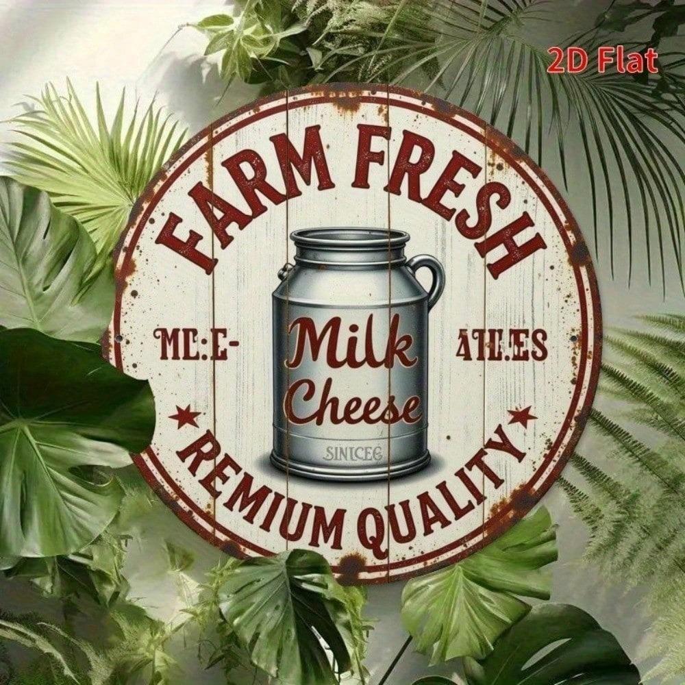 Vintage Round Tin Sign 8x8 Inch Farm Fresh Milk Cheese Retro Metal Plate Wall Art Decor for Kitchen Cafe Bar