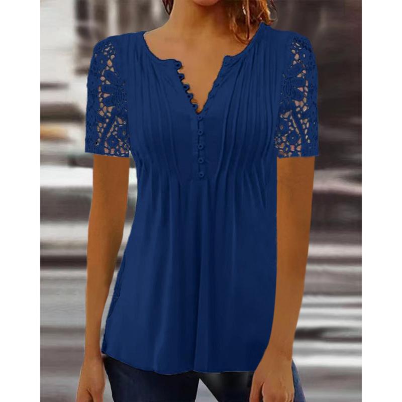 Neues Sommer Lochmuster Kurzarm Einfarbig Spitze Lockeres Hemd Damen Mode Bedruckt Übergröße Lässige Bluse Damen Elegant Floral V-Ausschnitt Hemden Tops 26583