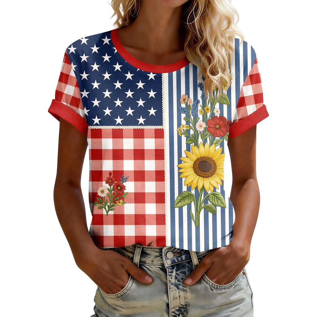 Women's American Floral Patchwork Print Casual T-Shirt 250Th Anniversary USA Shirt Patriotic Tshirt