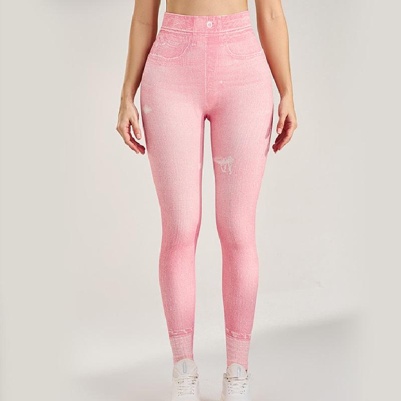 

Женские эластичные джинсы из искусственного денима с высокой талией, леггинсы для спорта, фитнеса, облегающие брюки, удобные брюки-карандаш для йоги L розовый