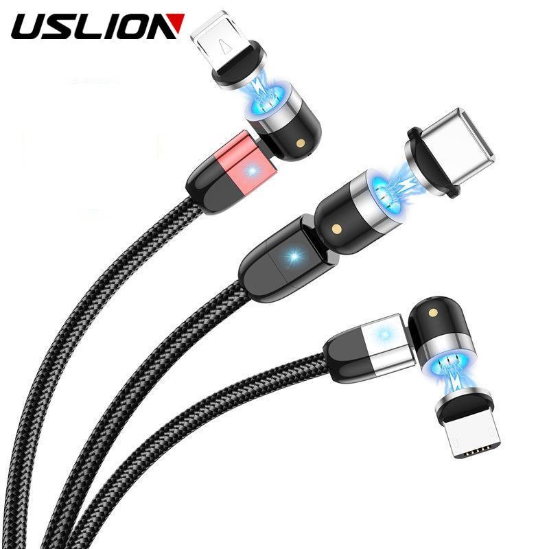 

USLION 3A Магнитный USB-кабель Быстрая зарядка Micro Тип C Кабель для мобильного телефона для iPhone Samsung 360 + 180 градусов Роуинг Шнур Провод