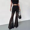 Ladies black lace sexy flared pants mesh babes transparent trousers hls trousers