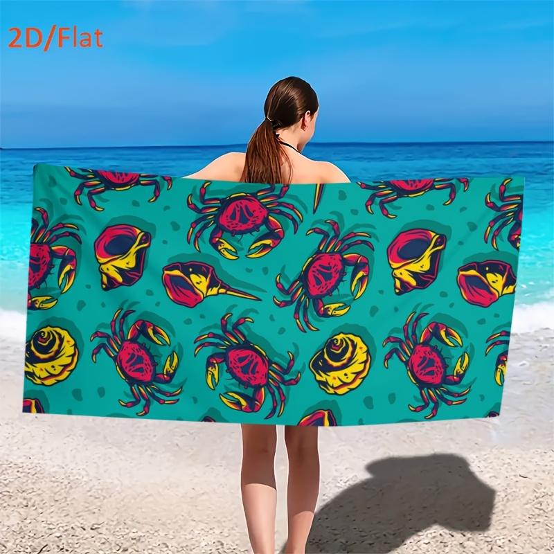 1pcs Teal Crab & Seashell Beach Towel, Soft Microfiber Quick Dry Oversized Bath Towel, Nautical Summer Pool Blanket