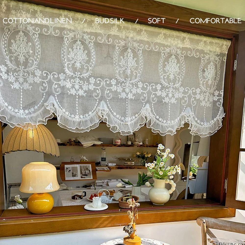 Wavy Edge Ruffled Lace Short Sheer Curtain Floral Short Tulle Drapery  Door
