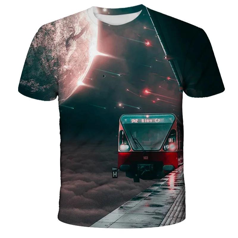 Fashion Trends Summer New Retro Train Engine Pattern Printed Men's T-shirt Street Fashion Cool Round Neck Plus Size Top