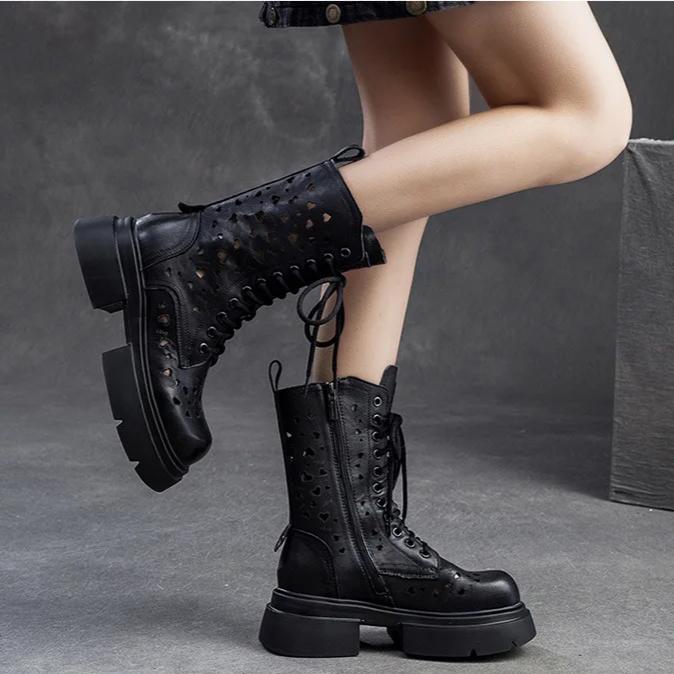 Johnature Hollow-out Breathable Summer Mid-calf Boots Fashion Women's Shoes Genuine Leather Thick Soled Sandals