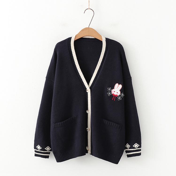 

Осенний корейский Mori Girl Sweet Sweater Lolita Cute Bunny Вышитый вязаный топ Японский женский кардиган с длинным рукавом Пальто Трикотаж One Size темно-синий