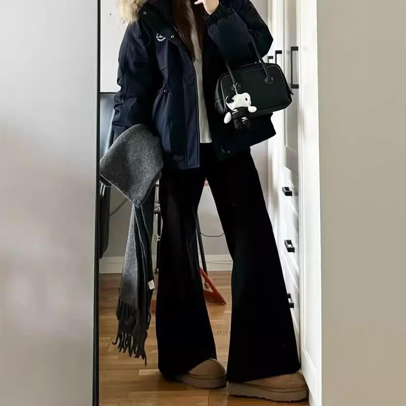 

Женские черные джинсы микро-клеш на флисовой подкладке: Большой размер, С высокой талией, Свободный крой, Зимние брюки XL