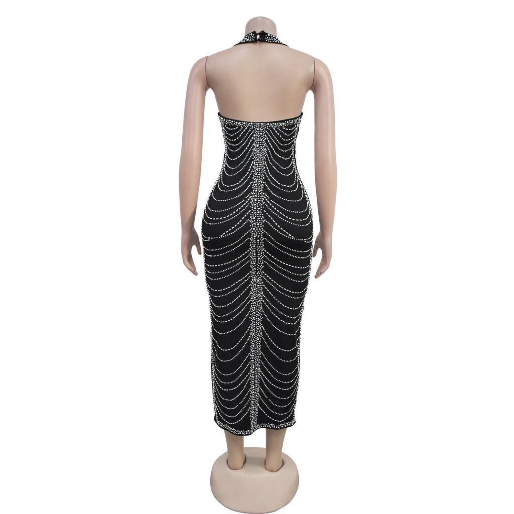 Sexy Figurbetontes Langes Damenkleid mit Strasssteinen