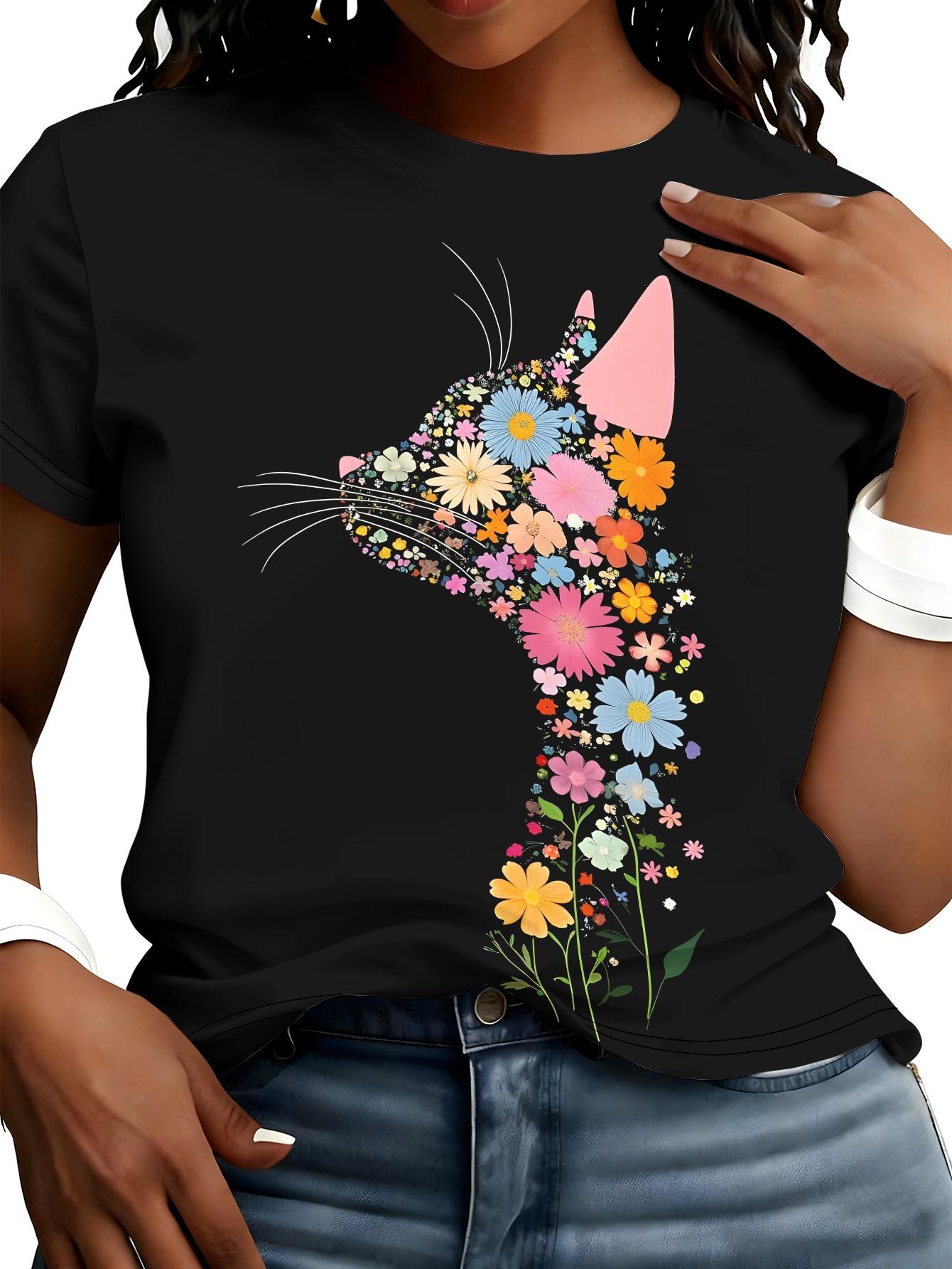 

Floral Patchwork Cat Print T-Shirt Vintage Style Colorful Floral Cat Side Profile Art Short Sleeve Top L дубильна кора