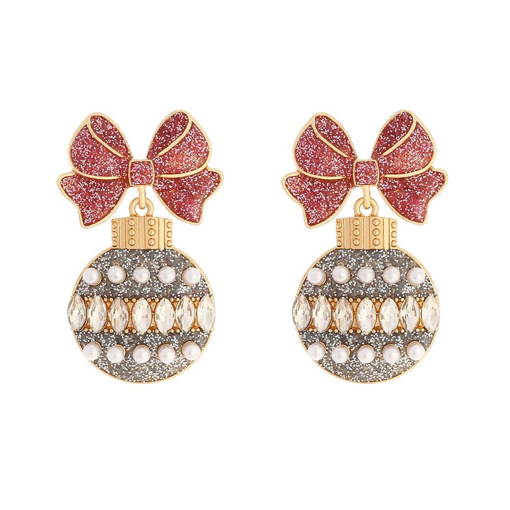 New Colorful Oil Drop Bow with Diamonds Colored Ball Pendant Earrings Christmas Cute Disco Ball Earrings