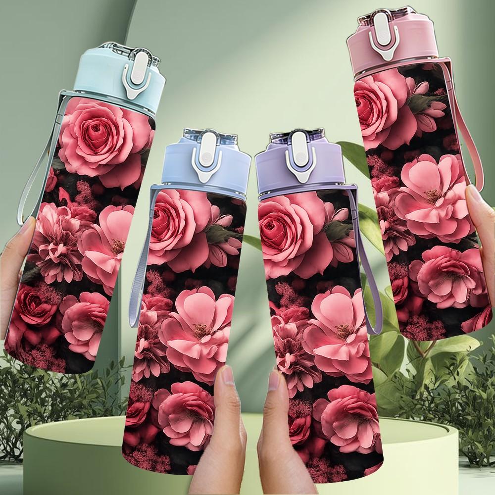 1PC Deep Red Rose Floral Cluster Print 750ml Color Plastic Sports Water Bottle Leakproof Flip Straw Lid Suitable for Sports Office Home Use