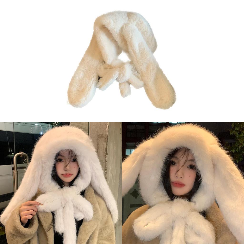 Plush Bunny Earmuff Hat With Scarf For Winter Warmth And Adjustable Fit