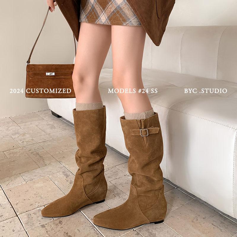 Double 12 Careful Machine~ Cao Thin Two Wear~ Small Square Head Matte Leather Inner Height Increasing Boots 2025 Full Leather Stacking Boots
