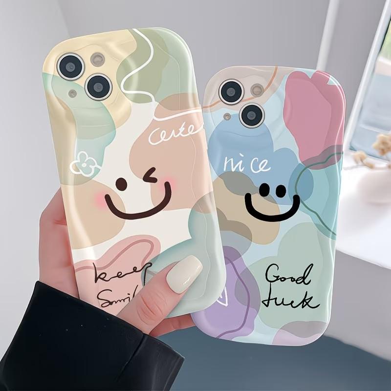 Phone Case For iPhone 17 16 15 14 13 12 11 Pro Max Plus 17e 16e Minimalist Happy Smiley Face Design Soft Curly Wave Edge Cover