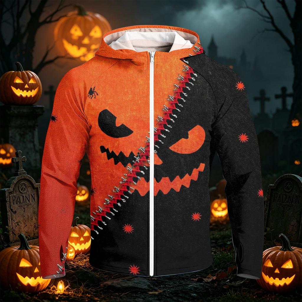 Men's Casual Raglan Sleeve Hooded Long Sleeve Sun Protection Jacket Halloween Print Lightweight Outdoor Zip Up Hoodie