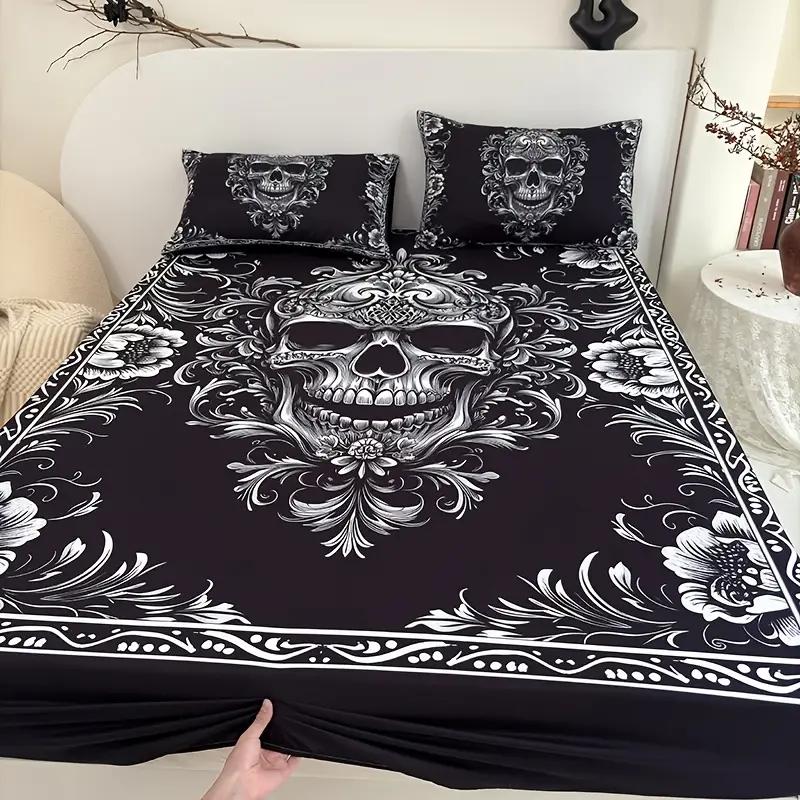 3pcs Black White Gothic Skull Fitted Sheet Set 3D Printed Mattress Covers Soft Breathable With 2 Pillowcases for Adults Bedroom