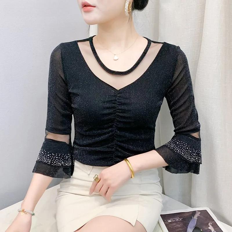 

Summer New Women s T-shirt Sexy Perspective V-Neck Flare Sleeve Tops Shirts Shiny Hot Diamonds Elastic Slim Mesh Tees Blusas 3XL синій