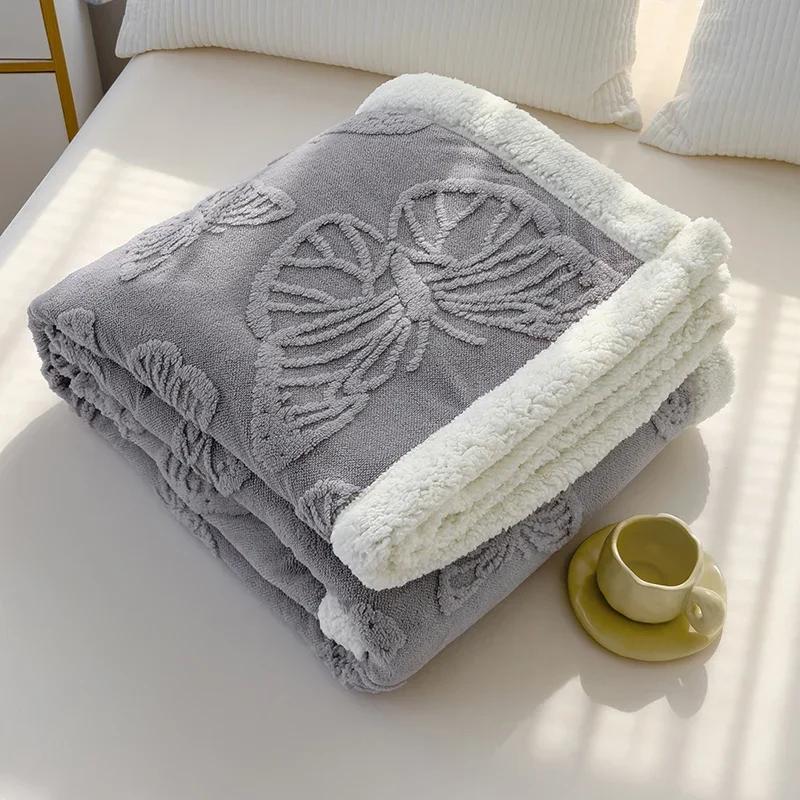 JSoft Warm Coral Fleece Blanket Pink Butterfly Jacquard Winter Thermal Sofa Throw Thick Bed Blanket Nap Knee Small Quilts