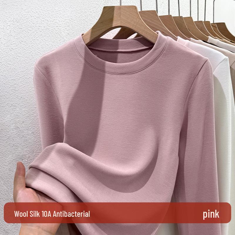 Women's Wool Silk Round Neck Base Layer Shirt - Autumn/Winter 2025 Collection, Velvet-Thickened for Warmth