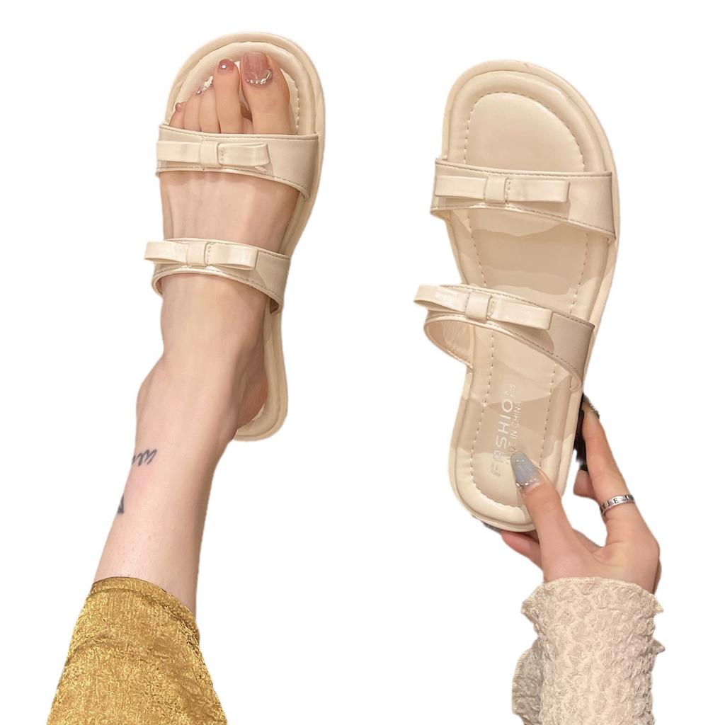 Flat-bottomed Bow One-word Casual Cool Slippers Women's 2025 Summer New Korean Version Simple Open-toed Beach Shoes