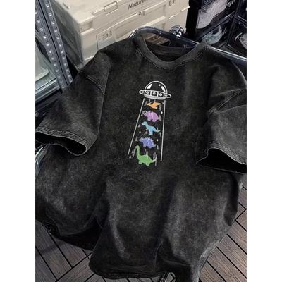 Vintage Washed UFO Dinosaurs Graphic T-Shirt Cute Colorful Cartoon Dino Space Print Soft Short Sleeve Unisex Casual Daily Top