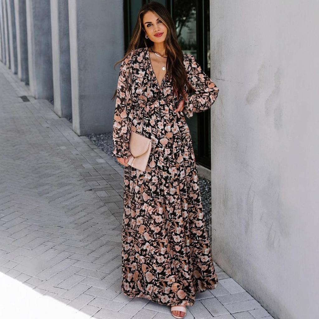 Women Floral Print Long Sleeve V Neck Ruffle Trim Tiered Chiffon Maxi Dress Boho Casual Beach Vacation Wedding Guest Evening Party Elegant Long Dress