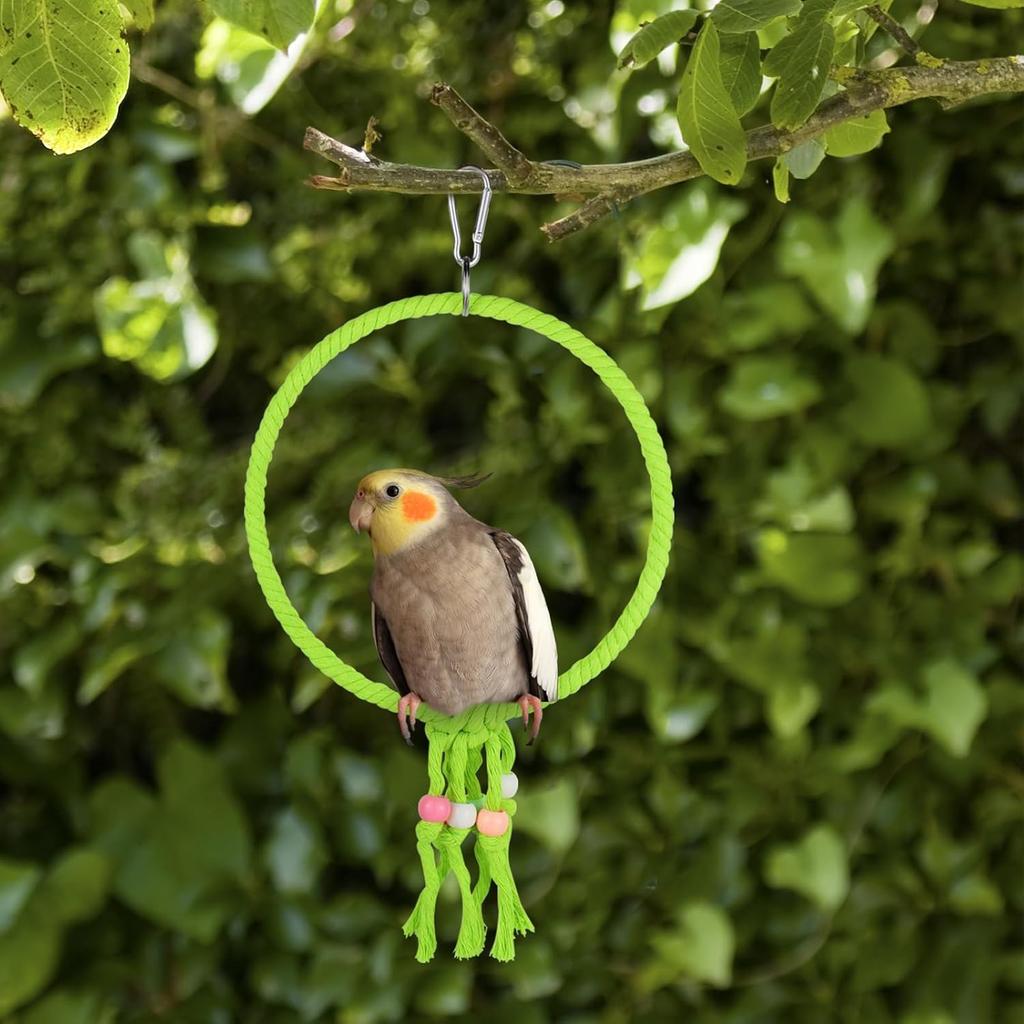 Bird Swing, 20 CM Diameter Hanging Parrot Swing with Colourful Beads, Swing Parrot Toys Cotton Rope Ring Bird Cage Toys for Budgie, Cockatiel,