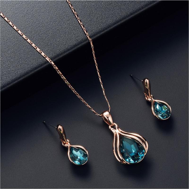 Fashion Geometric Rhinestone Necklace Earring Set Elegant Blue Teardrop Shaped Crystal Necklace Jewelry Women Luxurious Necklace