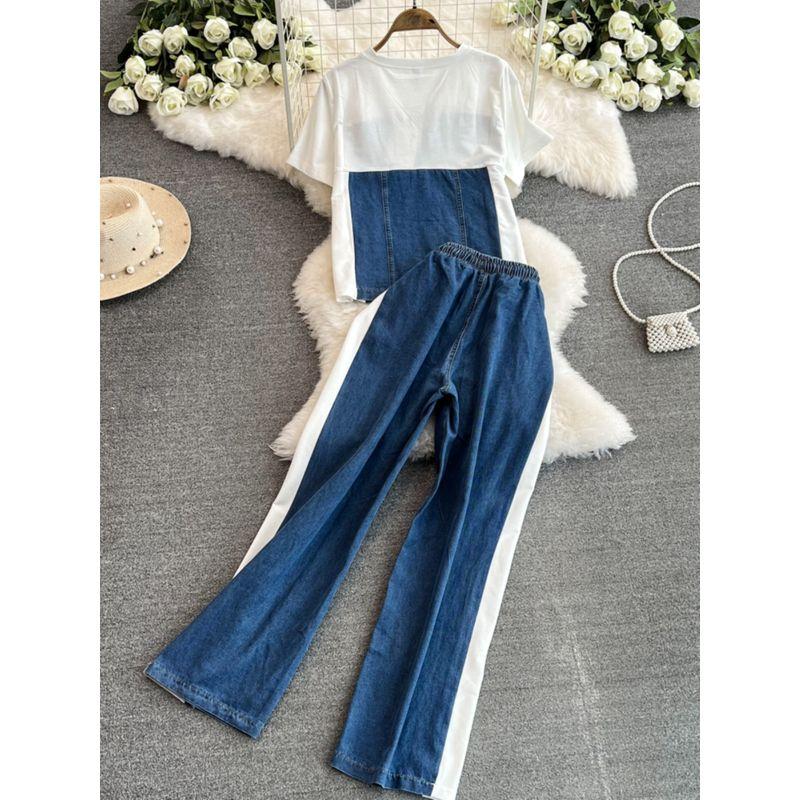 Chic Hong Kong Style Suit Women's Stylish Short Sleeve T-Shirt Patchwork Denim Tops + High Waist Casual Straight Pants Two-piece Set