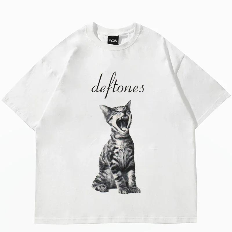 Women's Cute Cat Print Short Sleeved Cotton T-shirt Women's Harajuku Fashion Couple Loose Fitting Retro Street Style Clothing