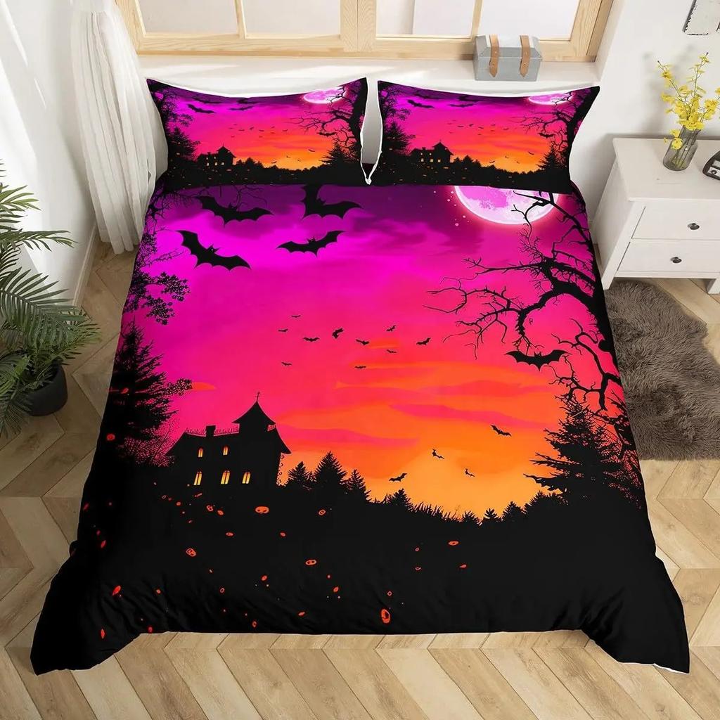 Purple Sky Bats Fly 3D Printed Bedding Set Cozy Soft Duvet Cover King Queen Twin Size Birthday Gift Halloween Gift Bedroom Decor