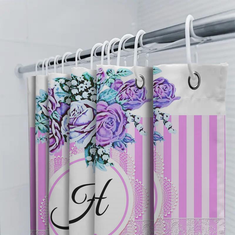 Vintage Floral Design Pink Striped Shower Curtain With Letter H For Bathroom Decor Customizable Size Available