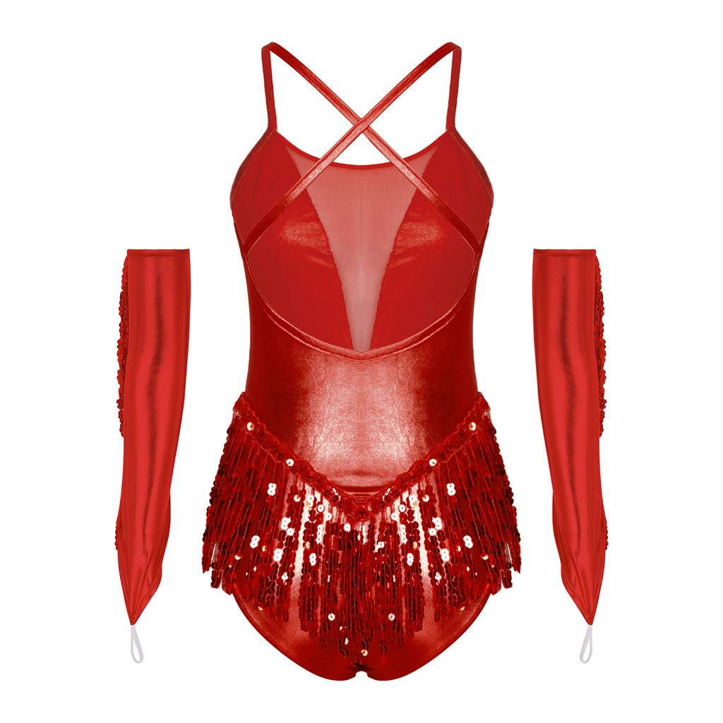 Damski Kostium na Występ Tańca Łacińskiego z Krzyżowym Tyłem Błyszczące Płatki Frędzle Body Metaliczne Rękawiczki