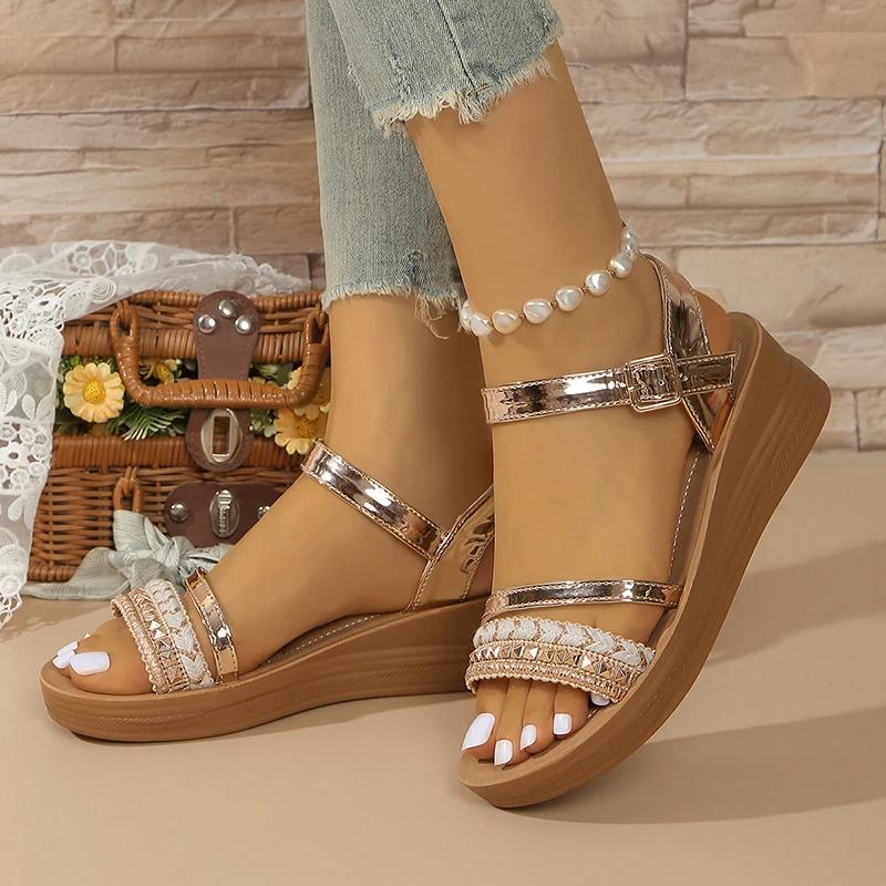 Fashion Fashion Gold Wedge Sandals Women 2025 Summer Non Slip Platform Sandles Woman Lightweight Ankle Buckle Sandalias Mujer Plus Size