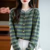 Retro Round-neck Knitted Cardigan, Long-sleeved, Color-blocking Jacquard Loose Top Coat for Autumn and Winter New Style