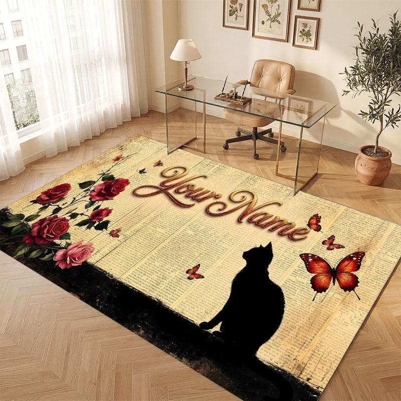 Cat Theme Crystal Velvet Floor Rug Personalized Custom Name Text Warm Carpet Home Decoration