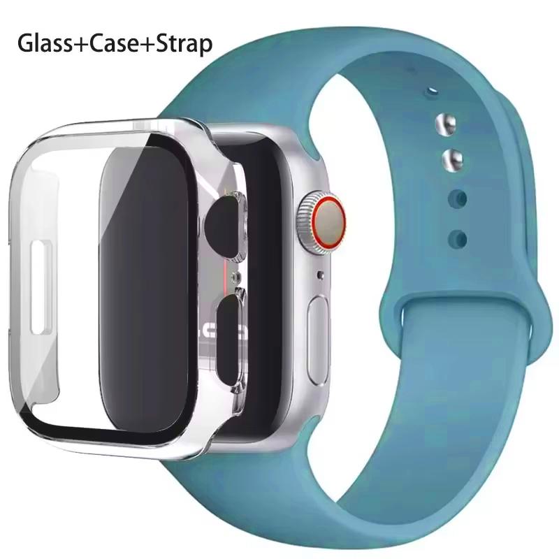 Glass+Case+Strap For Apple Watch band 46mm 45mm 44mm 41mm 40 38mm Silicone watchband bracelet iWatch series 10 9 8 7 6 5 4 3 SE