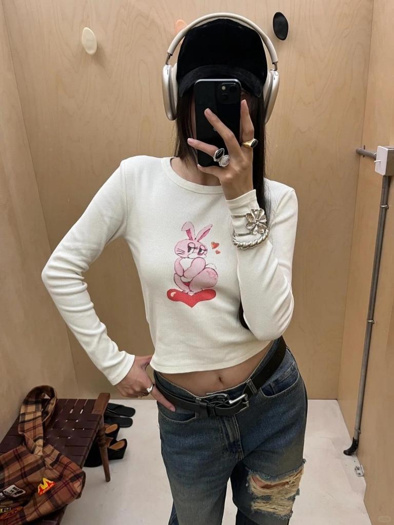 Spicy Girl Style 25SS Autumn/Winter High-Waisted Long-Sleeve Heart Rabbit T-Shirt