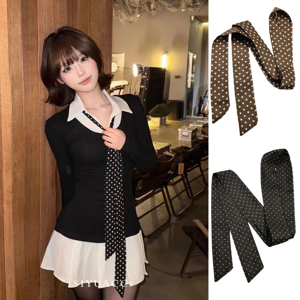 French Style High-End Black Polka Dot Scarf Women's Simple Black White Dot Long Scarf Fashion Ribbon Headband Choker Waist Belt