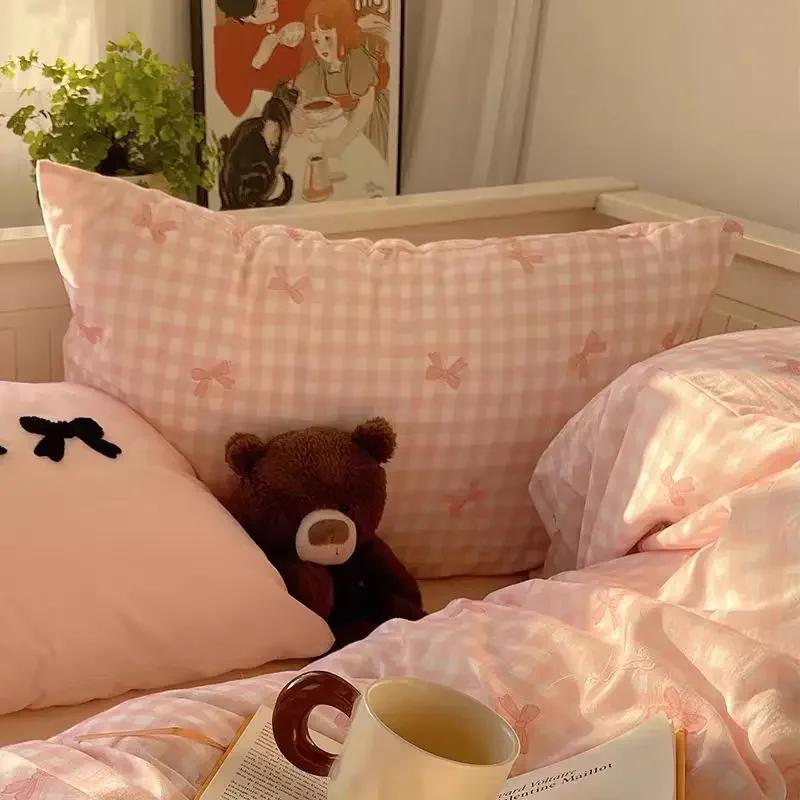 Plaid Bow Knot Pillow Cover Korean Y2k Fashions Girlish Heart Blackpink Room Decor Sleeping Pillow Cover Bedroom Decoration Gift