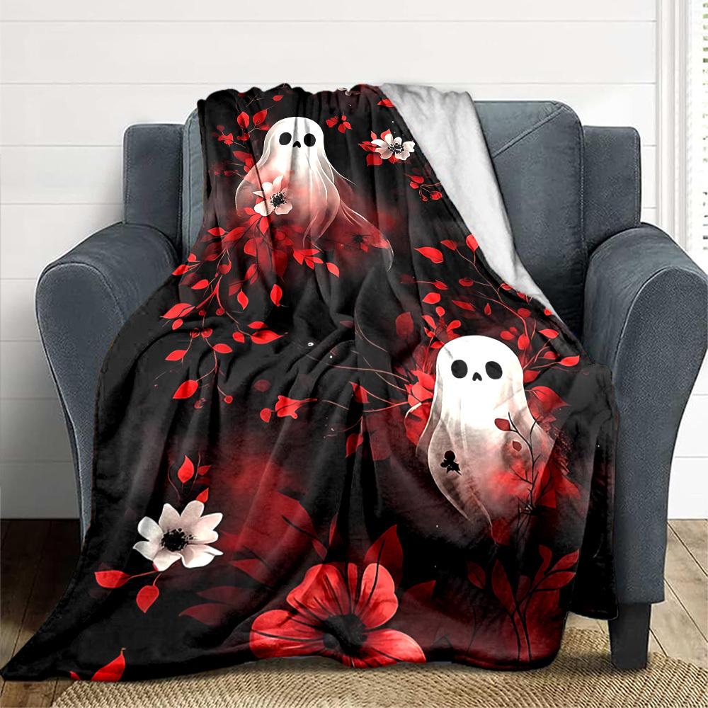1pc Ghost Floral Blanket, Lightweight Flannel Throw Blanket for Sofa, Bed, Travel, Camping, Living Room, Office, Couch080