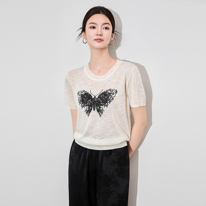 

Fashionable Lightweight Tencel Linen Butterfly Embroidered Women s Top XL белый