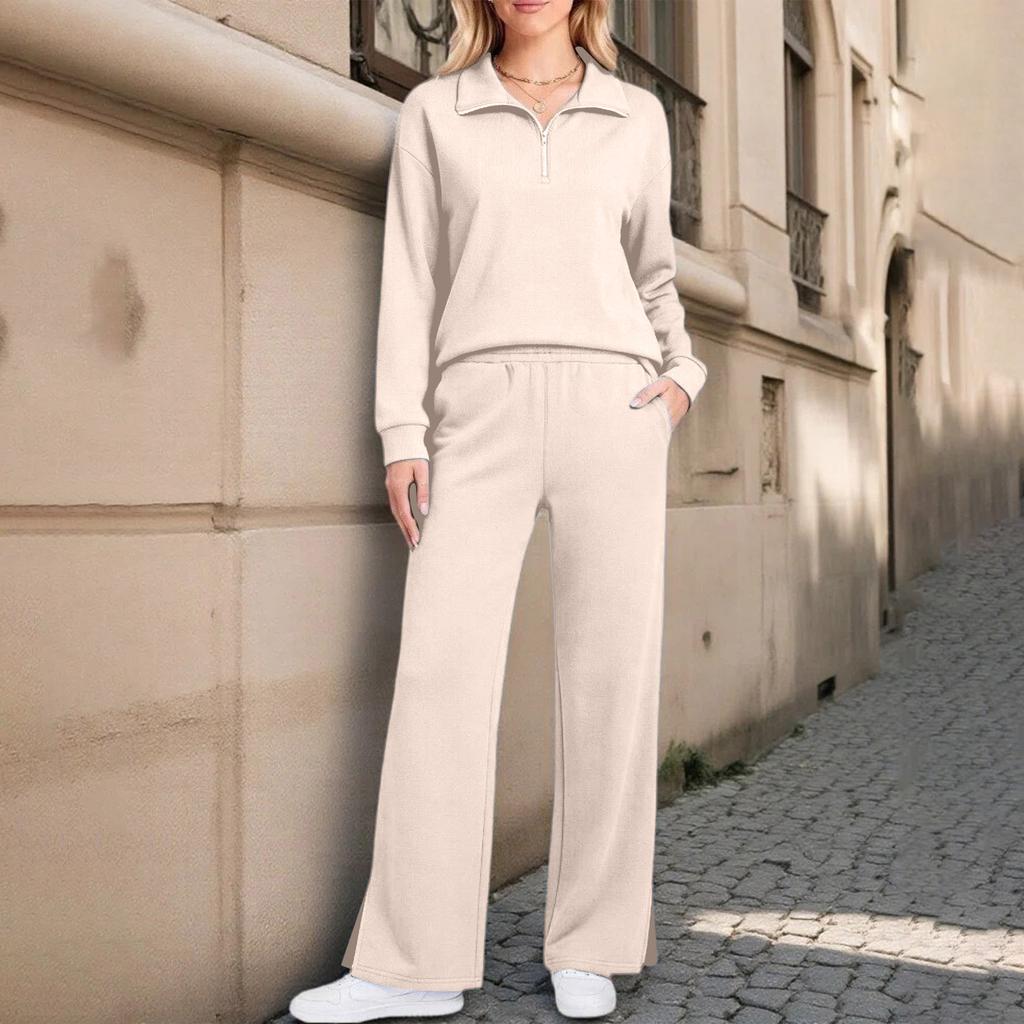 Damen 2-teiliges Freizeit-Outfit-Set mit durchgehendem Reißverschluss, Kragen und langen Ärmeln sowie Hose mit weitem Bein
