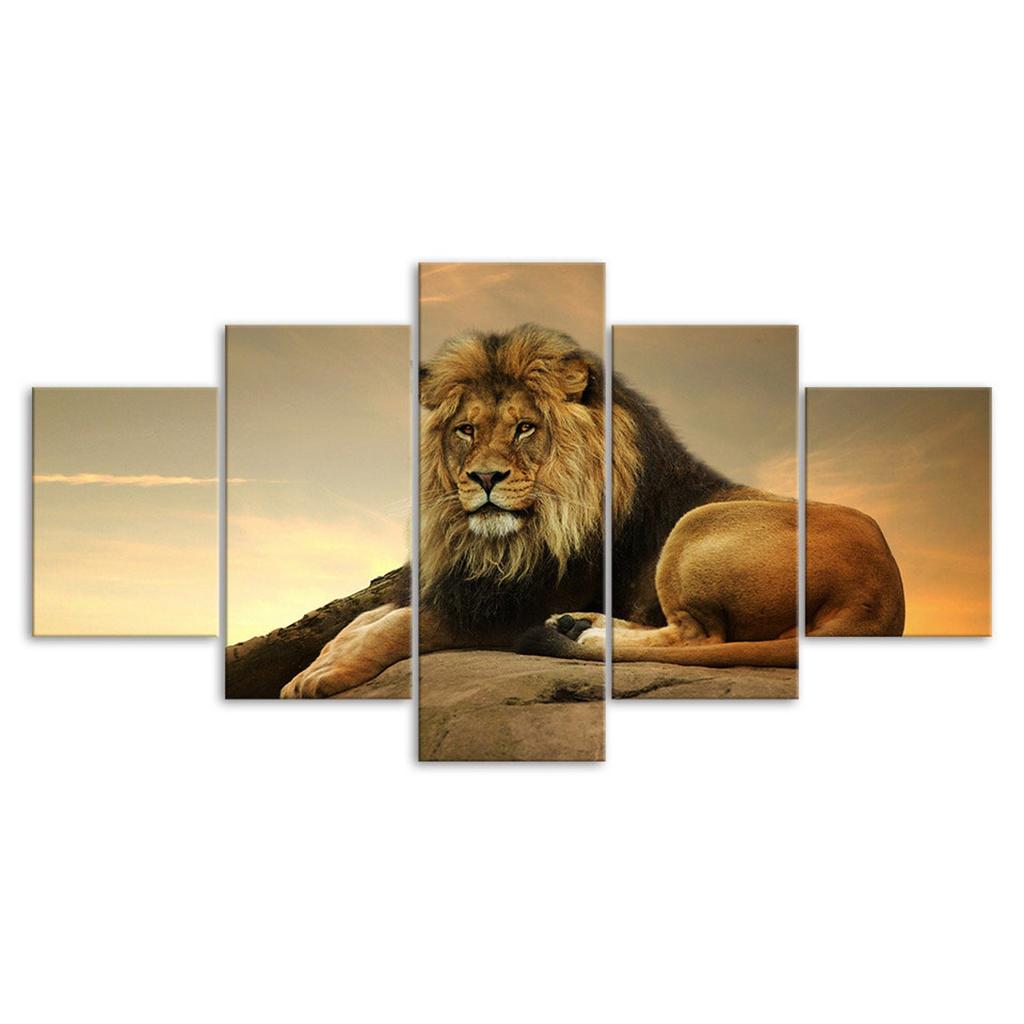 Lion The King Of Beasts Jungle Wild Forest Empire 5 Piece Five Panel Wall Canvas Print Modern Art Poster Home Decor Gift For Him For Her