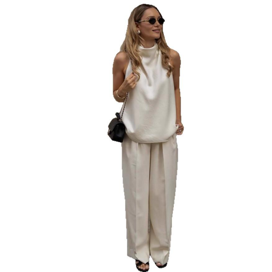 2025 European & American Sleeveless Wide-Leg Pants Set - Cinching Waist, Loose, Comfortable, Versatile Two-Piece 
